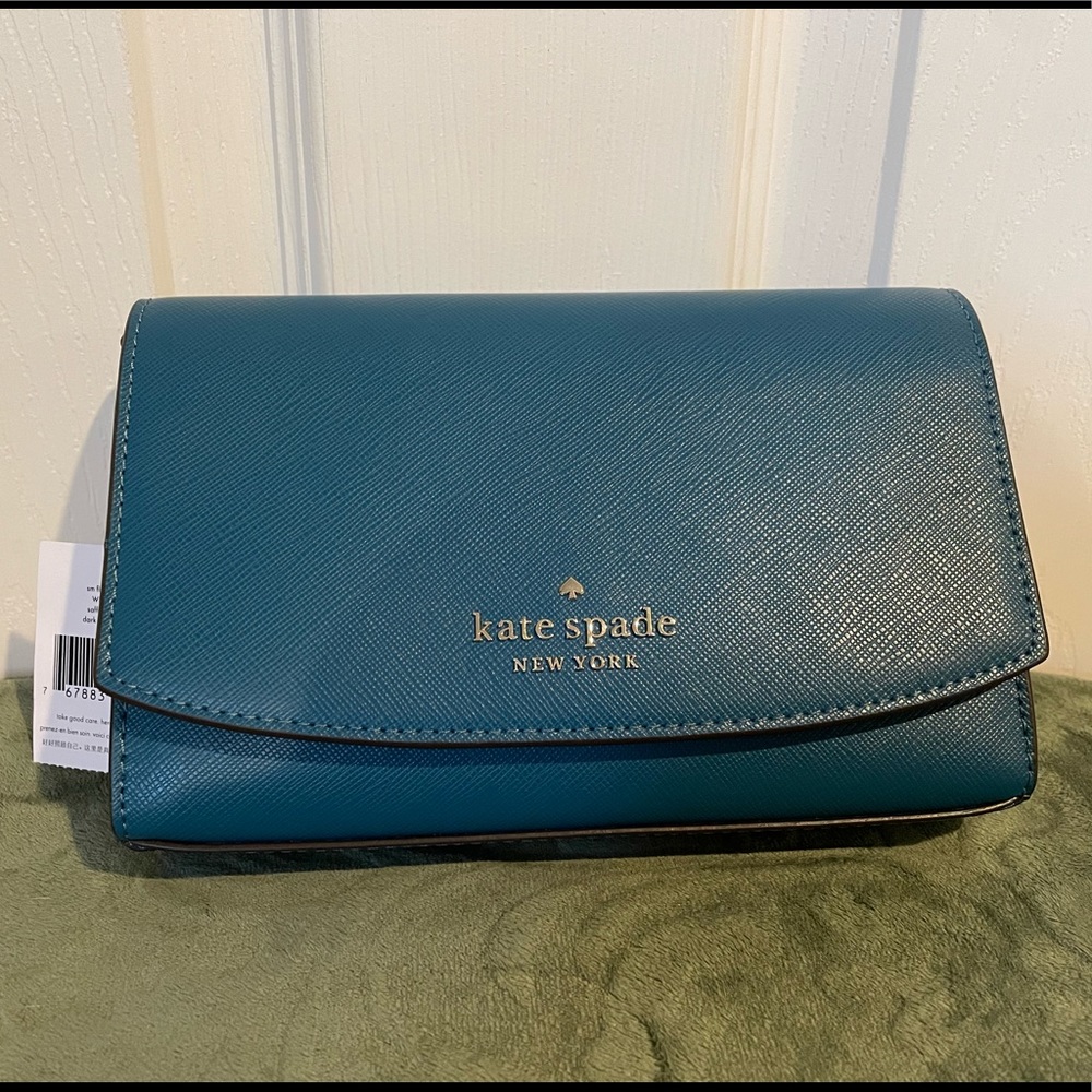 Kate Spade Staci Small Flap Crossbody Bag with Saffiano Leather in Dark Peacock